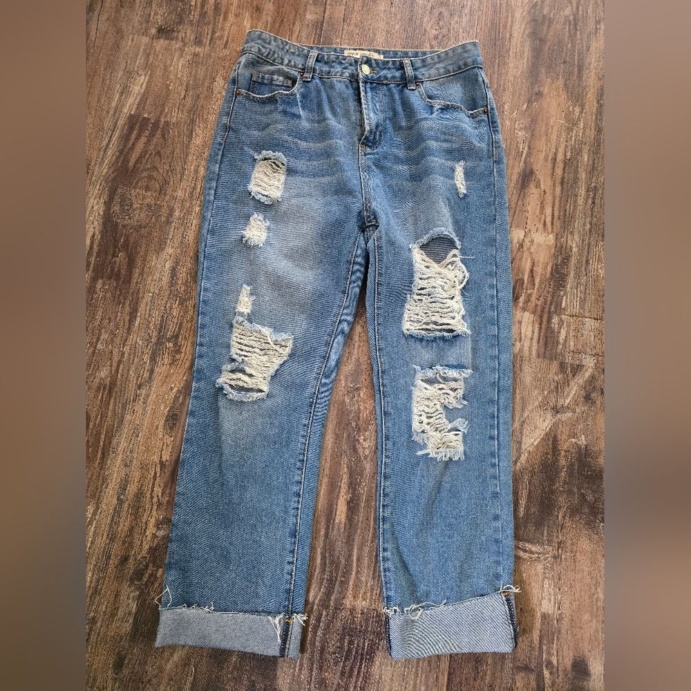 Great Smoky Los Angeles Women's Blue Jeans Pants Distressed Boyfriend Loose Cuff